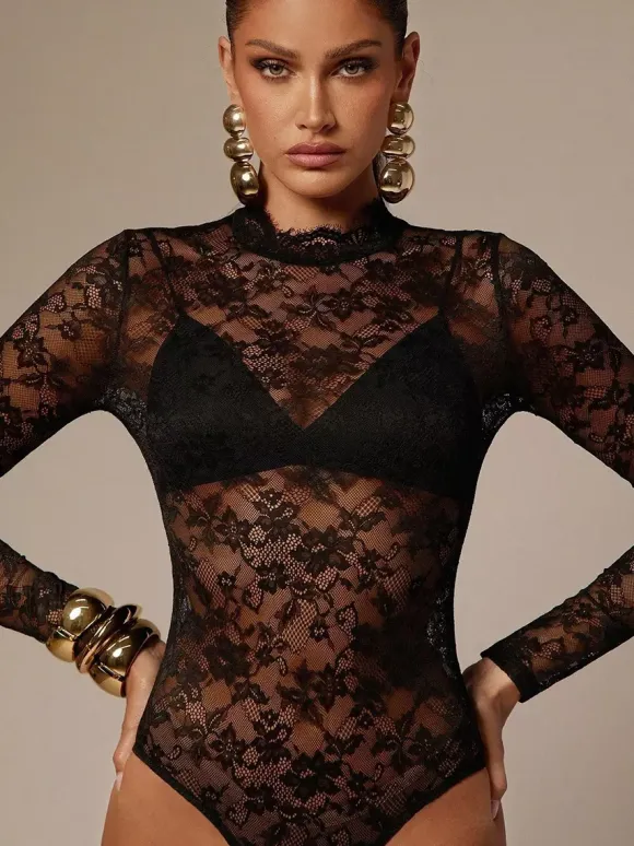 Lace Floral Mock Neck Long Sleeve Slim Fit Bodysuit For Women 2026