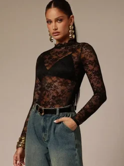 Lace Floral Mock Neck Long Sleeve Slim Fit Bodysuit For Women 2026