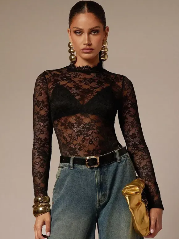 Lace Floral Mock Neck Long Sleeve Slim Fit Bodysuit For Women 2026