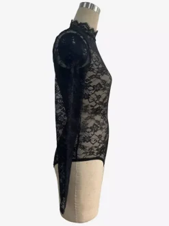 Lace Floral Mock Neck Long Sleeve Slim Fit Bodysuit For Women 2026