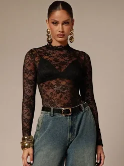Lace Floral Mock Neck Long Sleeve Slim Fit Bodysuit For Women 2026