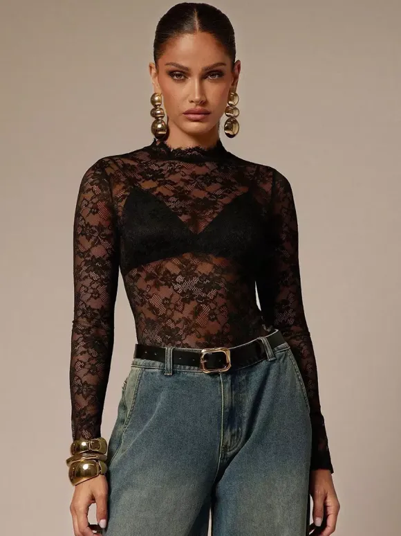 Lace Floral Mock Neck Long Sleeve Slim Fit Bodysuit For Women 2026