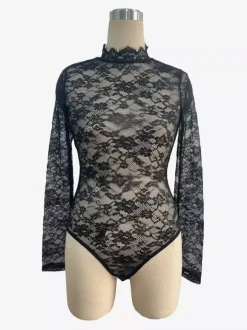 Lace Floral Mock Neck Long Sleeve Slim Fit Bodysuit For Women 2026