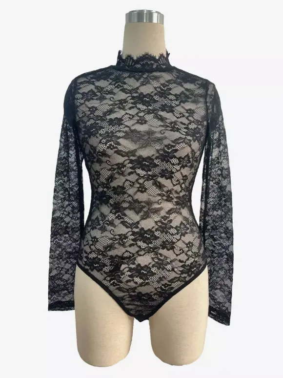 Lace Floral Mock Neck Long Sleeve Slim Fit Bodysuit For Women 2026