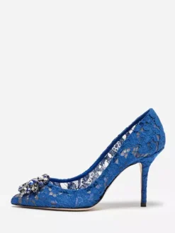 Lace High Heels Pointed Rhinestones Black Wedding Shoes