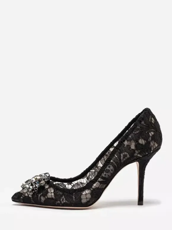 Lace High Heels Pointed Rhinestones Black Wedding Shoes