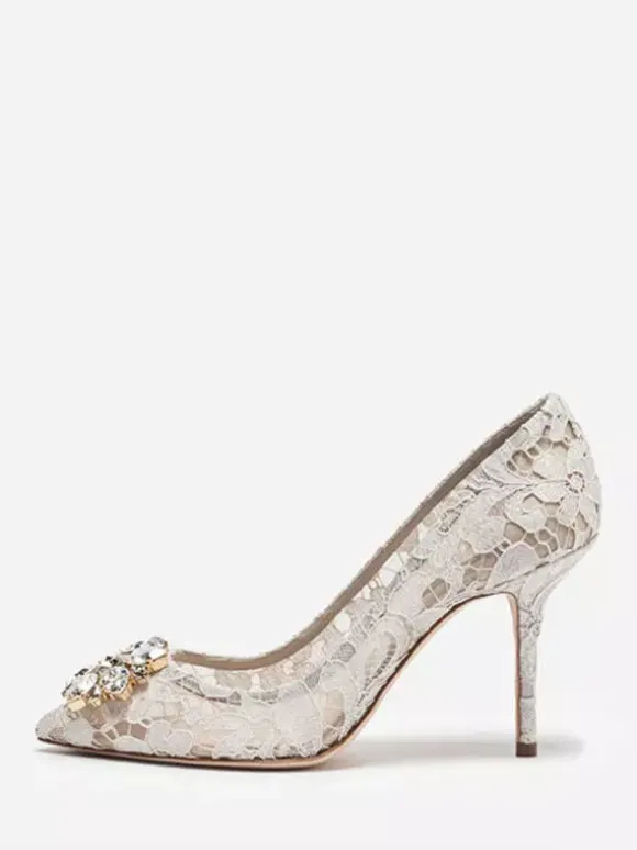Lace High Heels Pointed Rhinestones Black Wedding Shoes