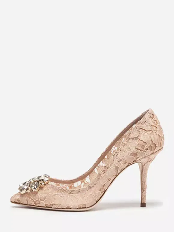 Lace High Heels Pointed Rhinestones Black Wedding Shoes