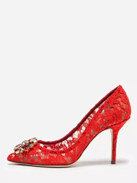 Lace High Heels Pointed Rhinestones Black Wedding Shoes