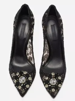 Lace High Heels Pointed Rhinestones Black Wedding Shoes