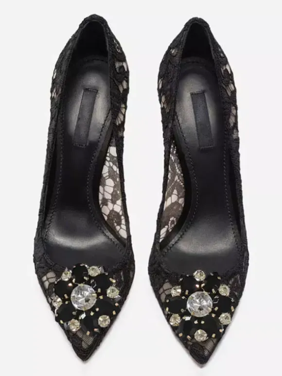 Lace High Heels Pointed Rhinestones Black Wedding Shoes
