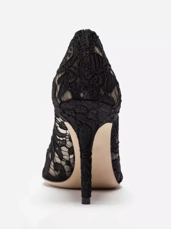 Lace High Heels Pointed Rhinestones Black Wedding Shoes