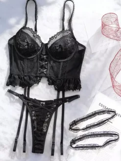 Lace Lingerie Black 2-Piece Black Sheer Mesh Lace Bustier Bra Panty Garter Straps Sets