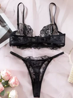 Lace Lingerie Black Ruffled 2-Piece Bra Panty Sets