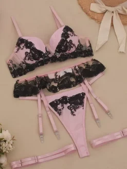 Lace Lingerie Floral Print Sexy Pink 4-Piece Bra Panty Sets