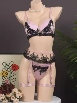 Lace Lingerie Floral Print Sexy Pink 4-Piece Bra Panty Sets