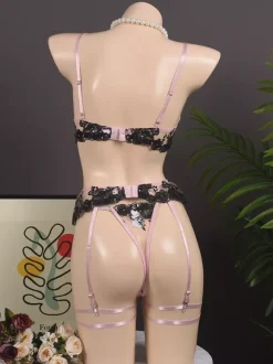 Lace Lingerie Floral Print Sexy Pink 4-Piece Bra Panty Sets