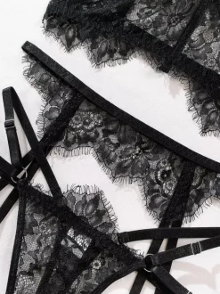 Lace Lingerie Lace Up Black Bra Panty 3-Piece Sets