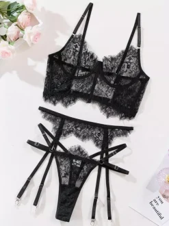 Lace Lingerie Lace Up Black Bra Panty 3-Piece Sets