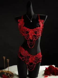 Lace Lingerie Tassel Red 2-Piece Floral Embroidered Bra Panty Sets