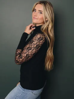 Lace Long Sleeves Tees High Collar Black Sexy Women's Top