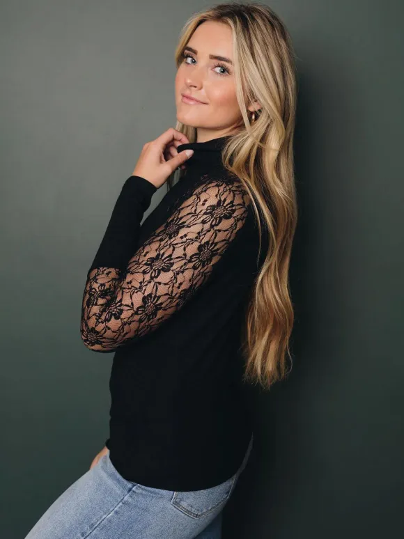 Lace Long Sleeves Tees High Collar Black Sexy Women's Top