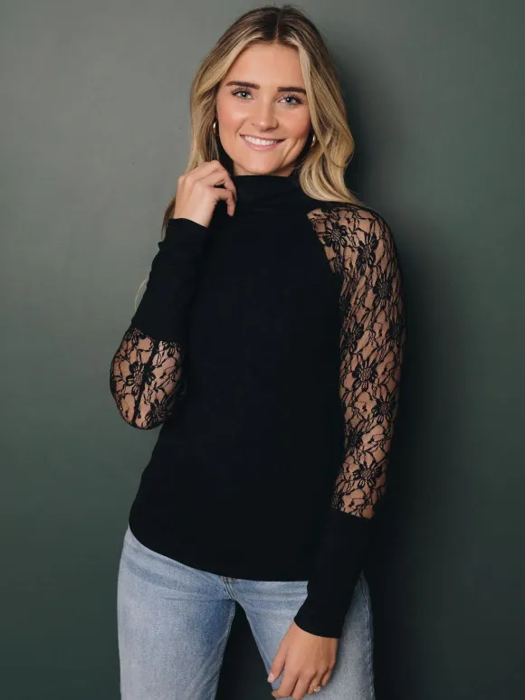 Lace Long Sleeves Tees High Collar Black Sexy Women's Top