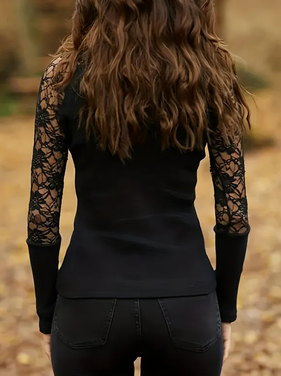 Lace Long Sleeves Tees High Collar Black Sexy Women's Top
