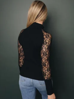 Lace Long Sleeves Tees High Collar Black Sexy Women's Top