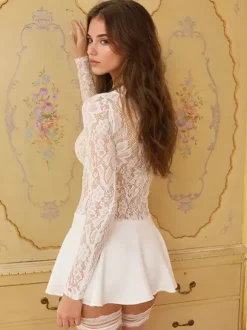 Lace Overlay A-line Dress Sheer Long Sleeve Mini Party Dress For Women 2026