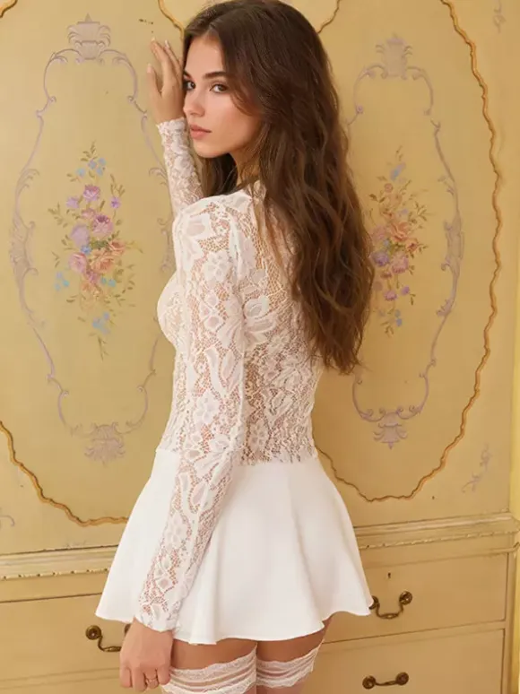 Lace Overlay A-line Dress Sheer Long Sleeve Mini Party Dress For Women 2026