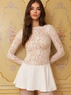Lace Overlay A-line Dress Sheer Long Sleeve Mini Party Dress For Women 2026
