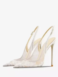 Lace Party Shoes White Pointed Toe Slingback High Heel Pumps