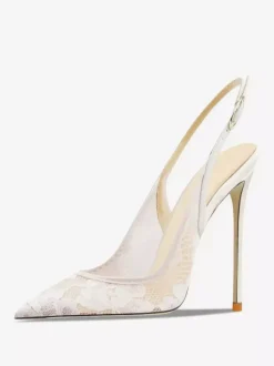 Lace Party Shoes White Pointed Toe Slingback High Heel Pumps