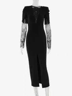 Lace Patchwork Deep V-Neck High Slit Bodycon Midi Dress For Women 2026