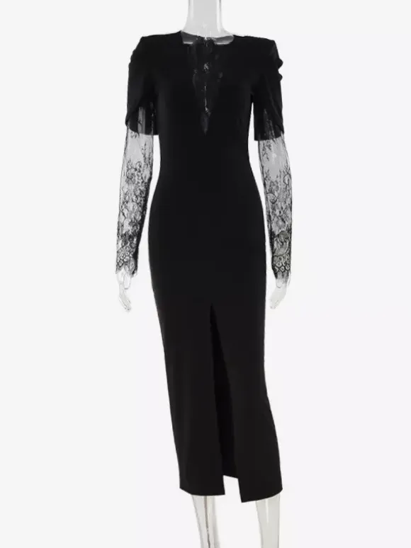 Lace Patchwork Deep V-Neck High Slit Bodycon Midi Dress For Women 2026