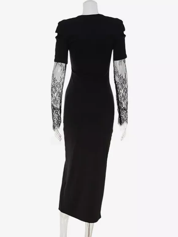Lace Patchwork Deep V-Neck High Slit Bodycon Midi Dress For Women 2026