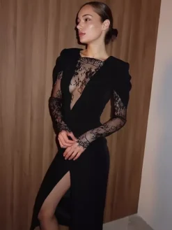 Lace Patchwork Deep V-Neck High Slit Bodycon Midi Dress For Women 2026