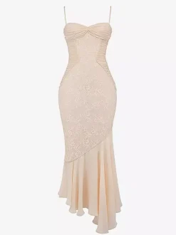Lace Patchwork Ruched Cami Bodycon Mermaid Maxi Dress For Women 2026