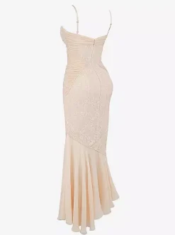 Lace Patchwork Ruched Cami Bodycon Mermaid Maxi Dress For Women 2026