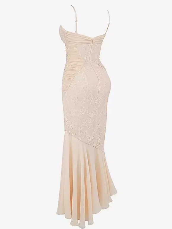 Lace Patchwork Ruched Cami Bodycon Mermaid Maxi Dress For Women 2026