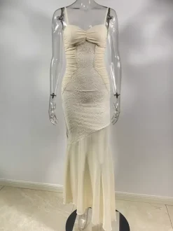 Lace Patchwork Ruched Cami Bodycon Mermaid Maxi Dress For Women 2026