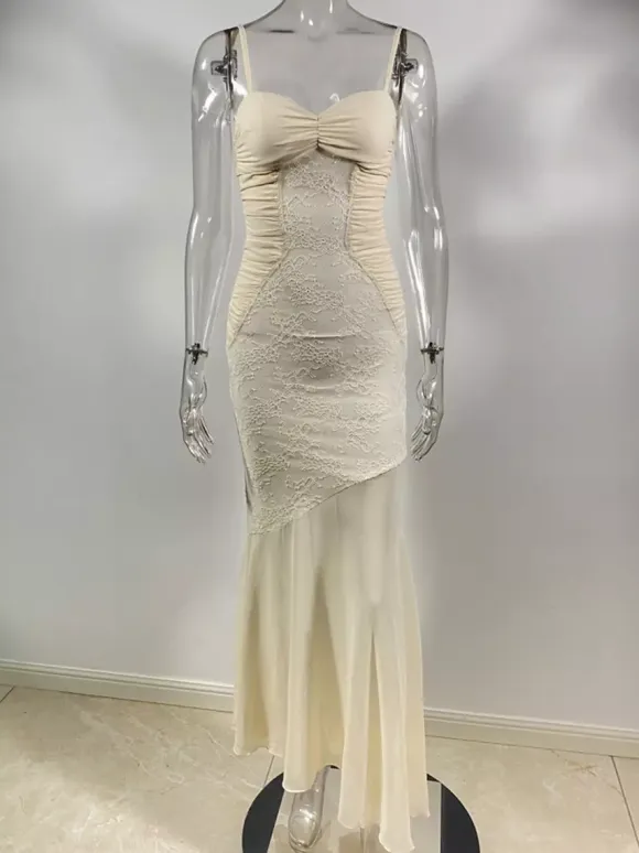 Lace Patchwork Ruched Cami Bodycon Mermaid Maxi Dress For Women 2026