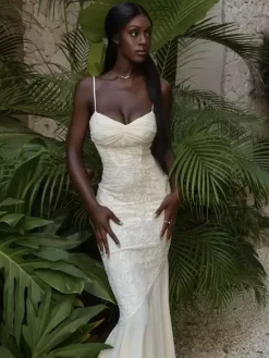 Lace Patchwork Ruched Cami Bodycon Mermaid Maxi Dress For Women 2026