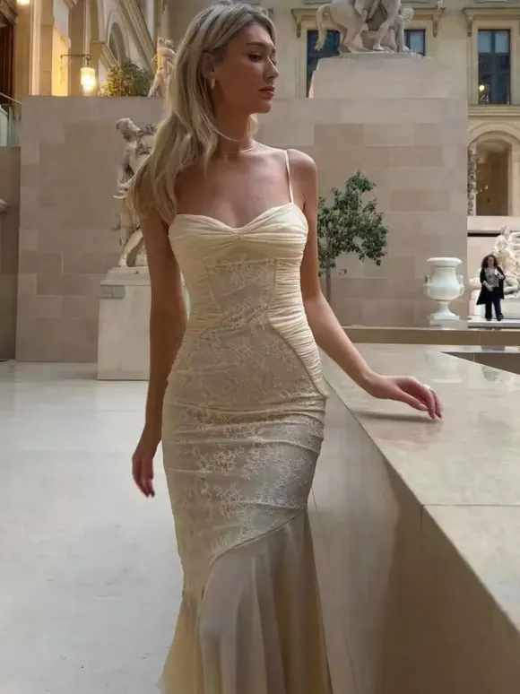Lace Patchwork Ruched Cami Bodycon Mermaid Maxi Dress For Women 2026