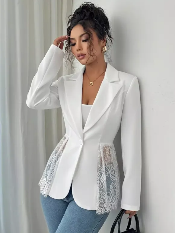 Lace Patchwork Women's Blazer Jacket - Sexy Sheer Hem Slim Fit - Spring Night Out Party Outerwear 2026