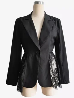 Lace Patchwork Women's Blazer Jacket - Sexy Sheer Hem Slim Fit - Spring Night Out Party Outerwear 2026