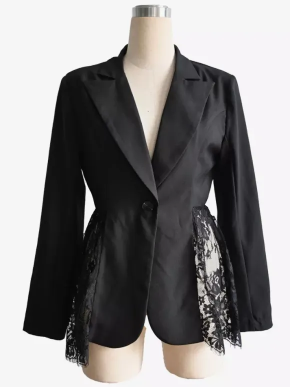 Lace Patchwork Women's Blazer Jacket - Sexy Sheer Hem Slim Fit - Spring Night Out Party Outerwear 2026