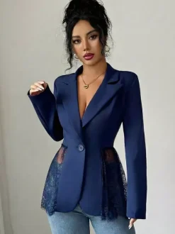 Lace Patchwork Women's Blazer Jacket - Sexy Sheer Hem Slim Fit - Spring Night Out Party Outerwear 2026