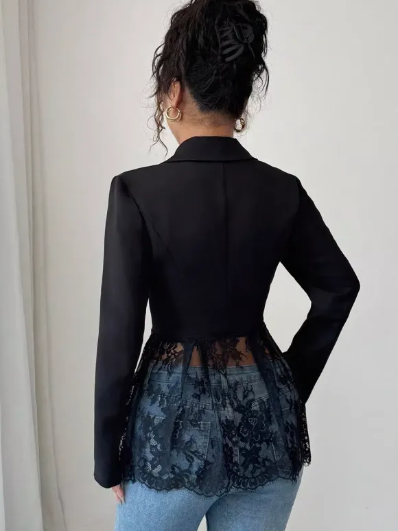Lace Patchwork Women's Blazer Jacket - Sexy Sheer Hem Slim Fit - Spring Night Out Party Outerwear 2026